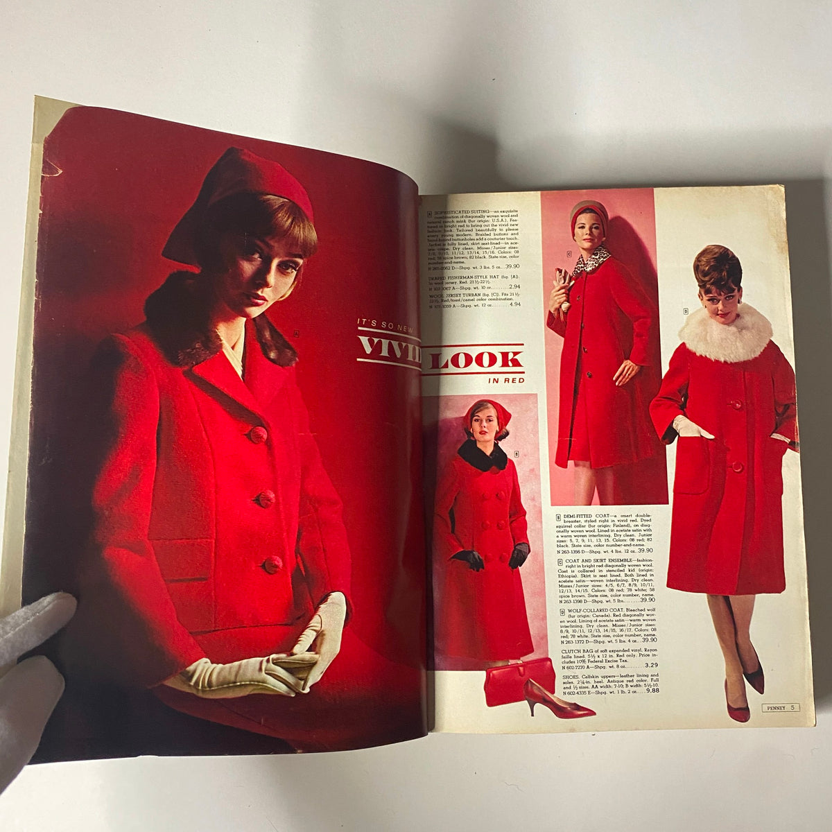 A vibrant page from the 1963 JC Penneys Fall and Winter Store Catalog featuring fashionable red coats for women, emphasizing the 'Vivid Look' in fashion.