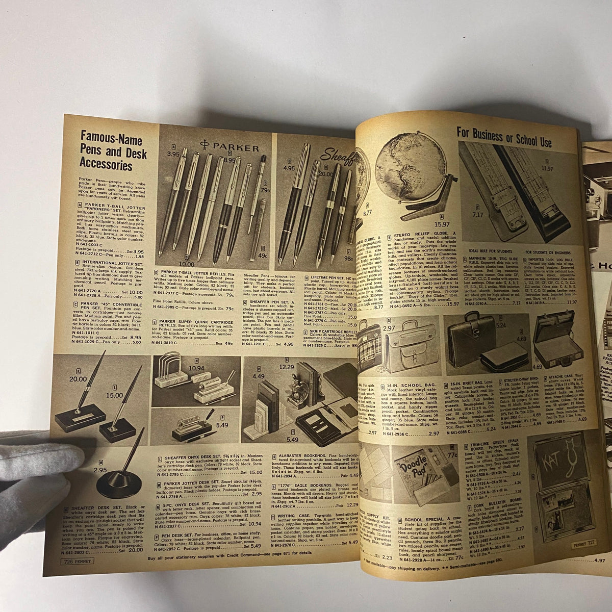 1963 JC Penneys Fall and Winter Catalog showcasing famous-name pens and desk accessories with prices listed, illustrating a vintage style of office supplies.