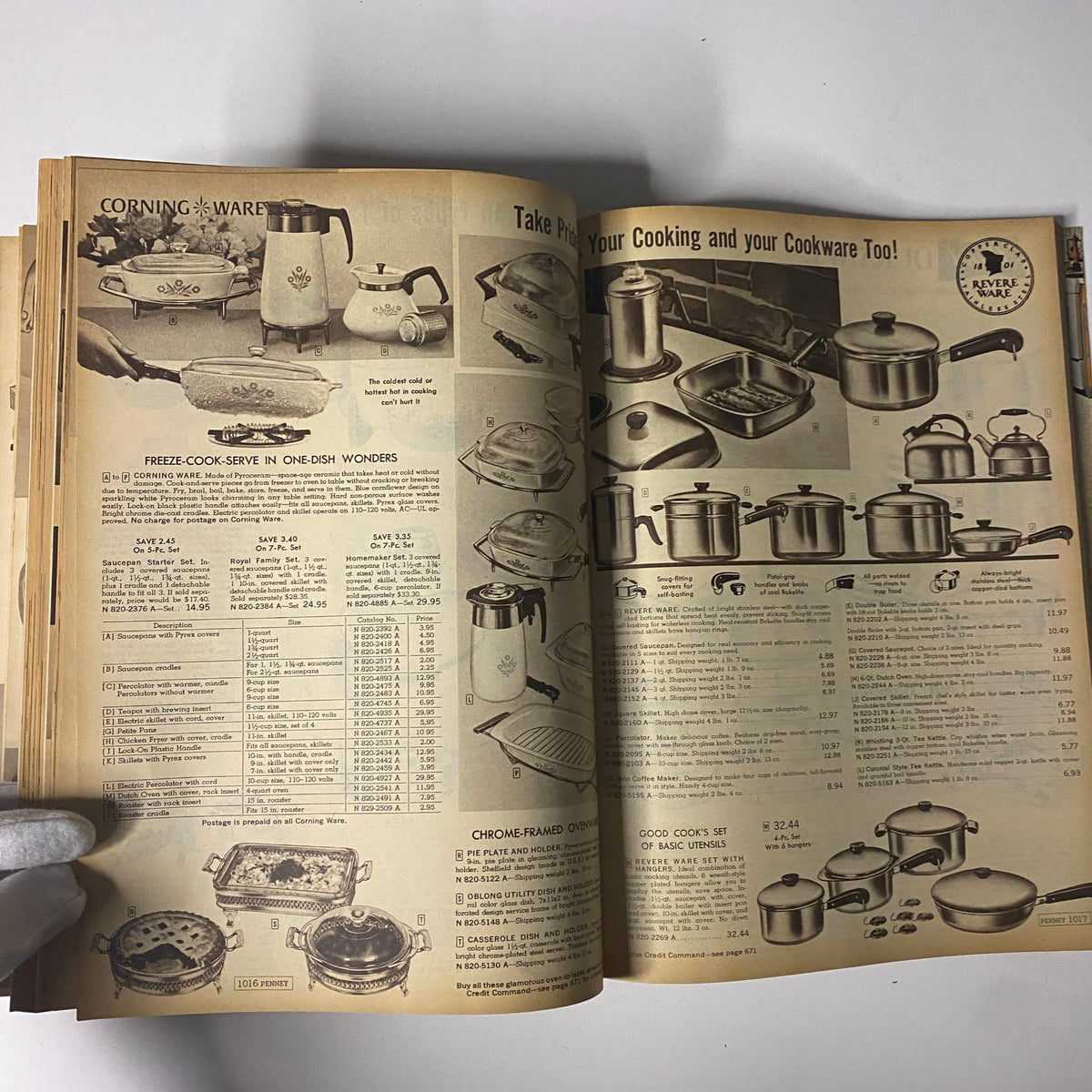 1963 JC Penneys Fall and Winter Catalog with an array of cookware from Corning Ware, emphasizing practical cooking solutions and pricing for kitchen items.