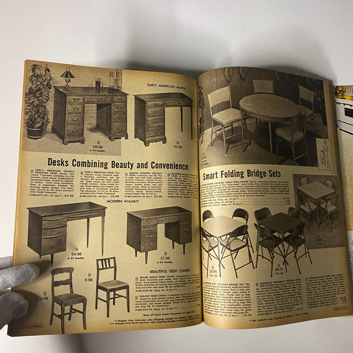 1963 JC Penneys Fall and Winter Catalog presenting desks and folding bridge sets, showcasing furniture styles and prices reflective of 1960s American home decor.