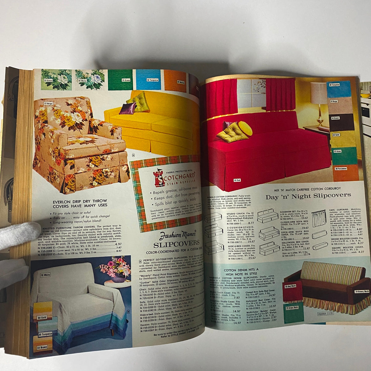 1963 JC Penneys Fall and Winter Store Catalog featuring a page of colorful couch slipcovers, showcasing various fabric options and styles, representing mid-century home décor trends.