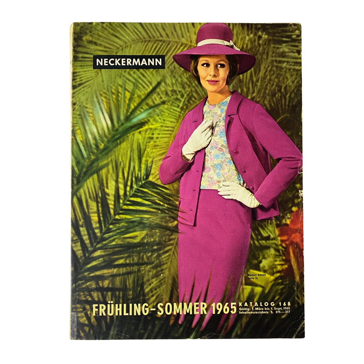 1965 Neckermann Summer Catalog cover featuring a woman in a vibrant purple suit and hat, set against a tropical background.
