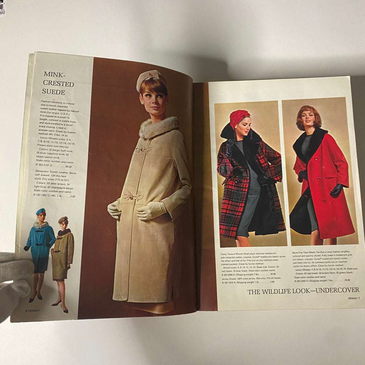 1964 JC Penneys Fall and Winter Store Catalog highlighting mink-crest suede coats with detailed descriptions and stunning model photos, embodying mid-century style.