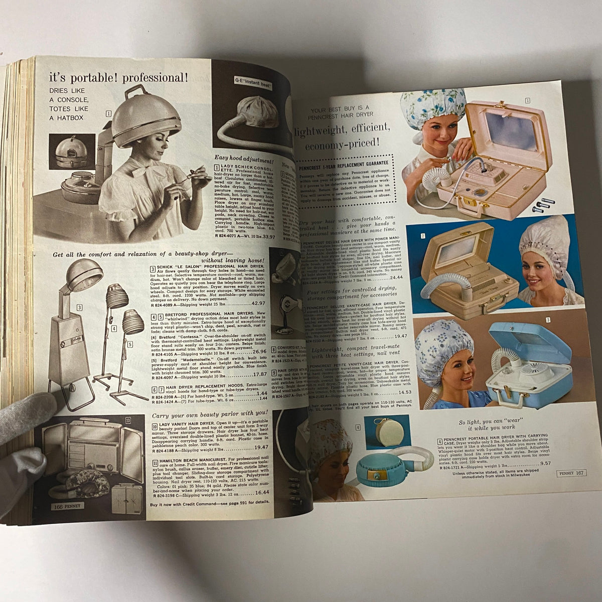 1964 JC Penneys Fall and Winter Store Catalog displaying portable hair dryers and beauty supplies with women demonstrating their use, capturing retro beauty trends.