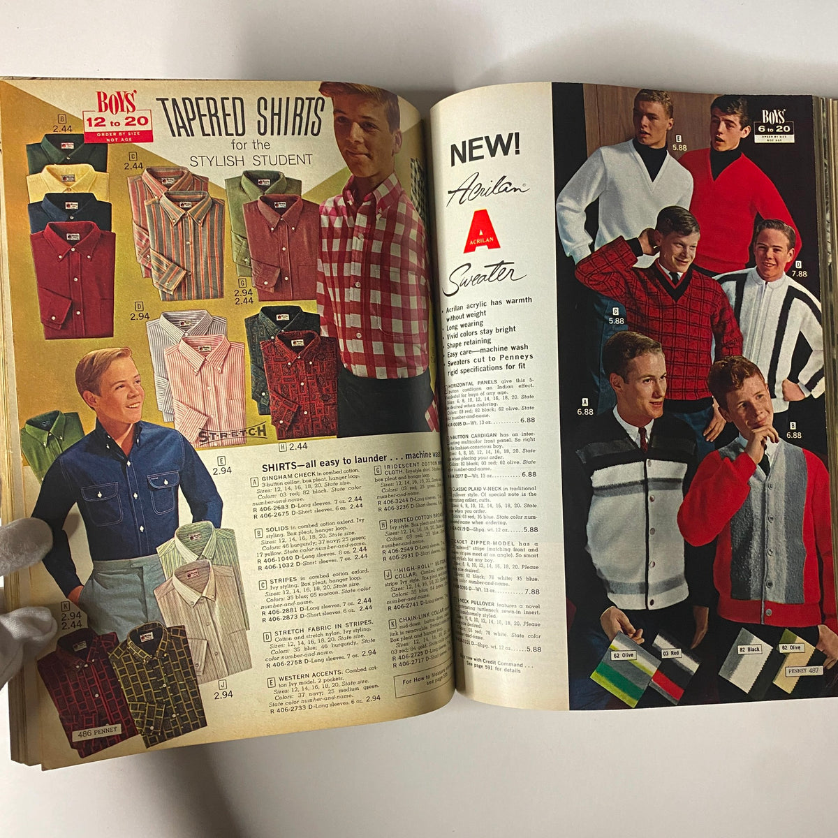 1964 JC Penneys Fall and Winter Store Catalog displaying a variety of boys' tapered shirts and a new Arilan sweater, showcasing mid-century American fashion.
