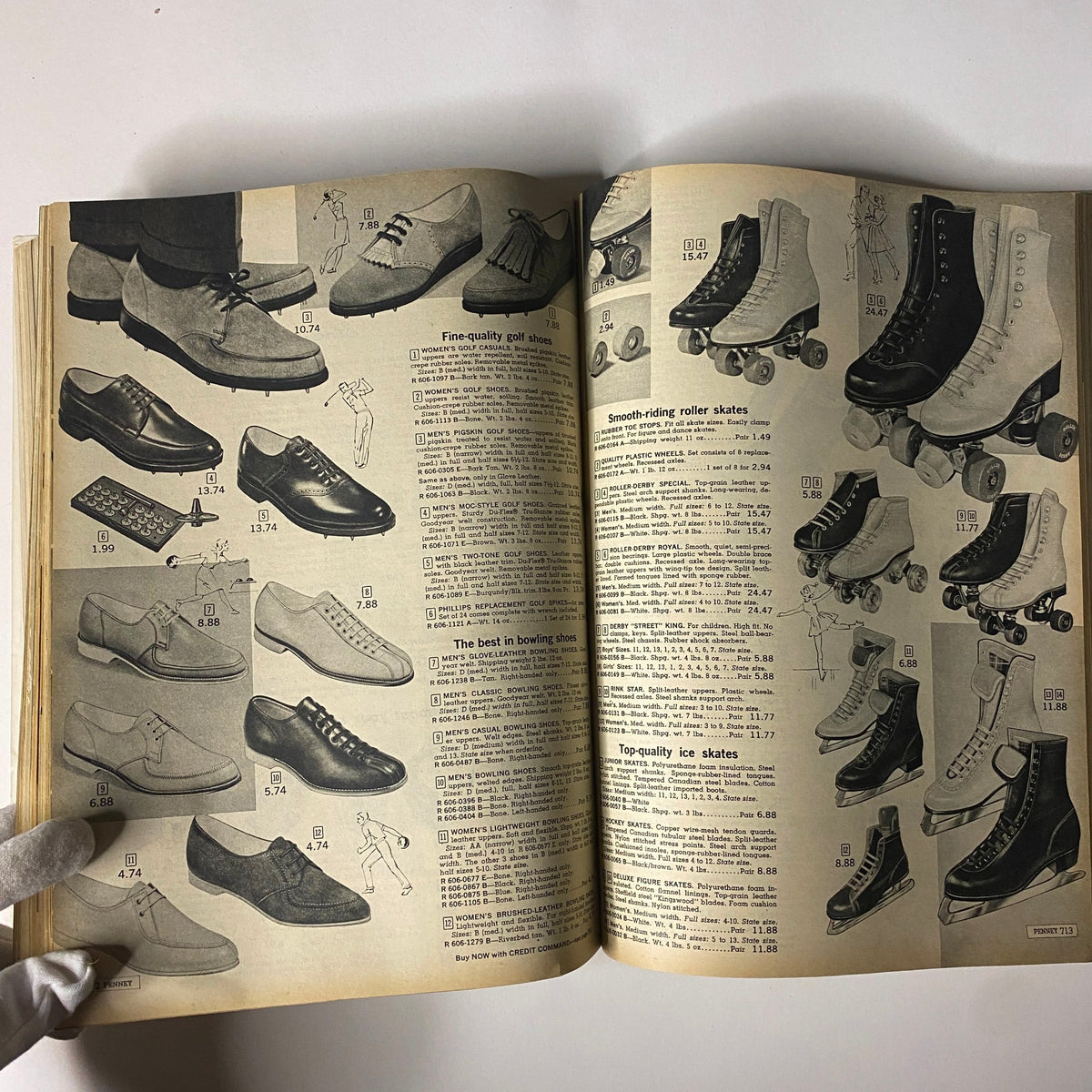 1964 JC Penneys Fall and Winter Store Catalog featuring an assortment of men's and women's stylish shoes, roller skates, and bowling shoes from the mid-20th century.