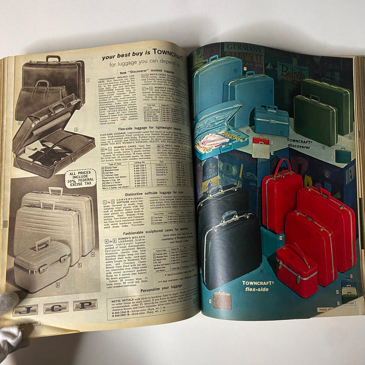 1964 JC Penneys Fall and Winter Store Catalog highlighting a selection of Towncraft luggage options including stylish briefcases and suitcases, exemplifying vintage travel accessories.