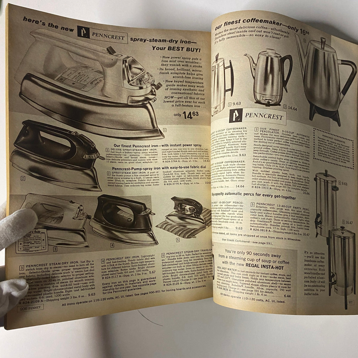 1964 JC Penneys Fall and Winter Store Catalog showcasing home appliances like irons and coffee makers, reflecting the modern conveniences of mid-century American household.