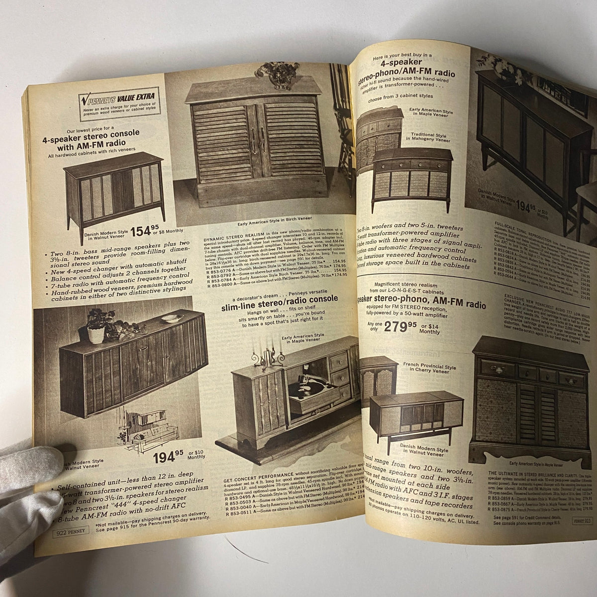 1964 JC Penneys Fall and Winter Store Catalog displaying a selection of stylish stereo consoles with AM-FM radios and elegant designs.