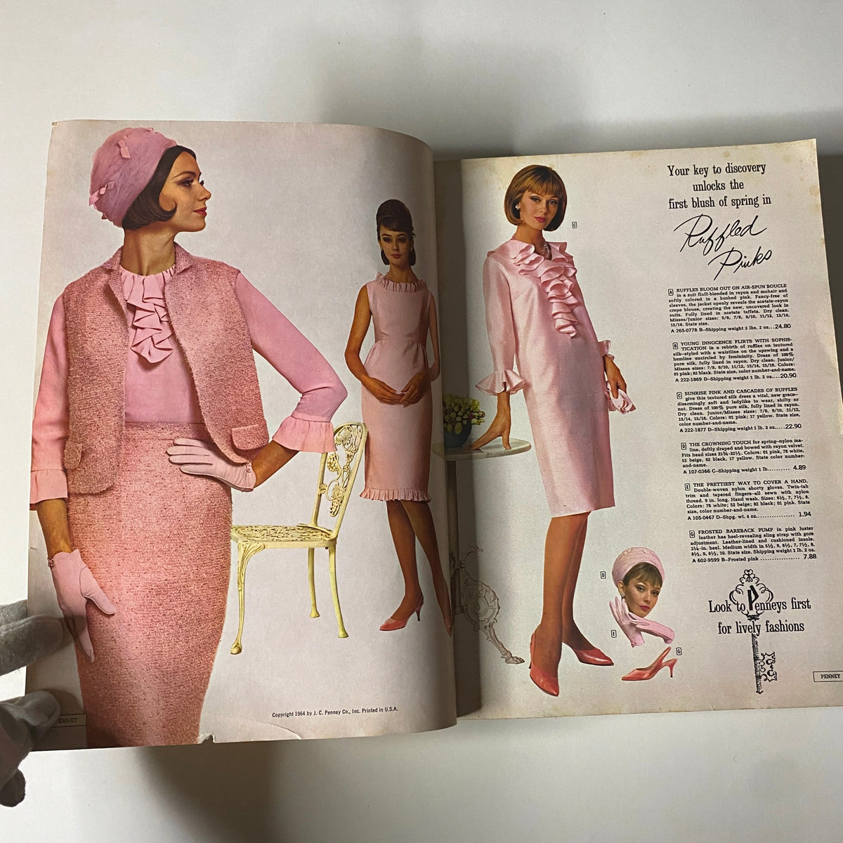 Inside page of the 1964 JC Penneys Spring and Summer Catalog showcasing fashionable clothing styles for women in pastel colors.