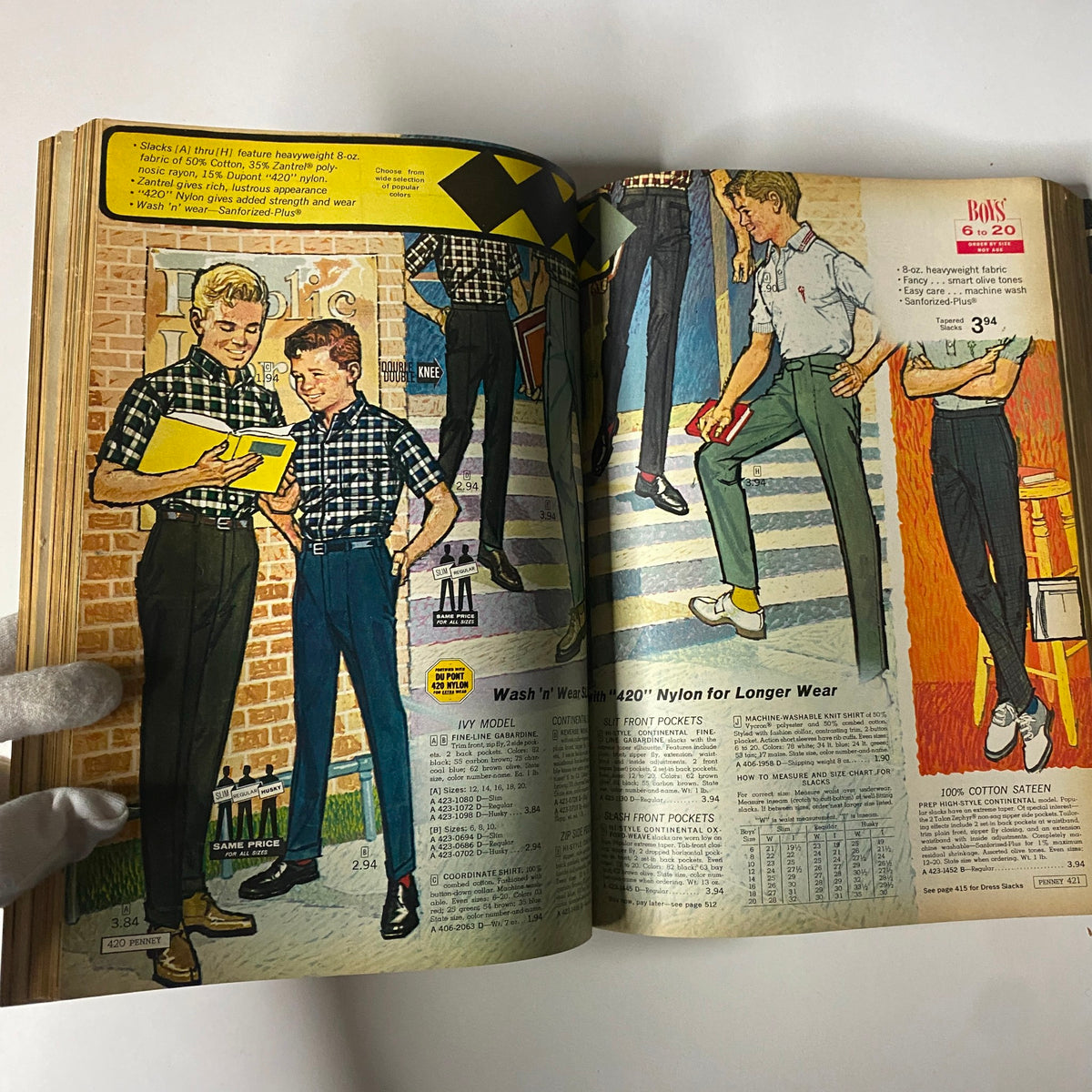 1964 JC Penneys Spring and Summer Store Catalog showcasing boys' fashion including plaid shirts and nylon pants with pricing details.