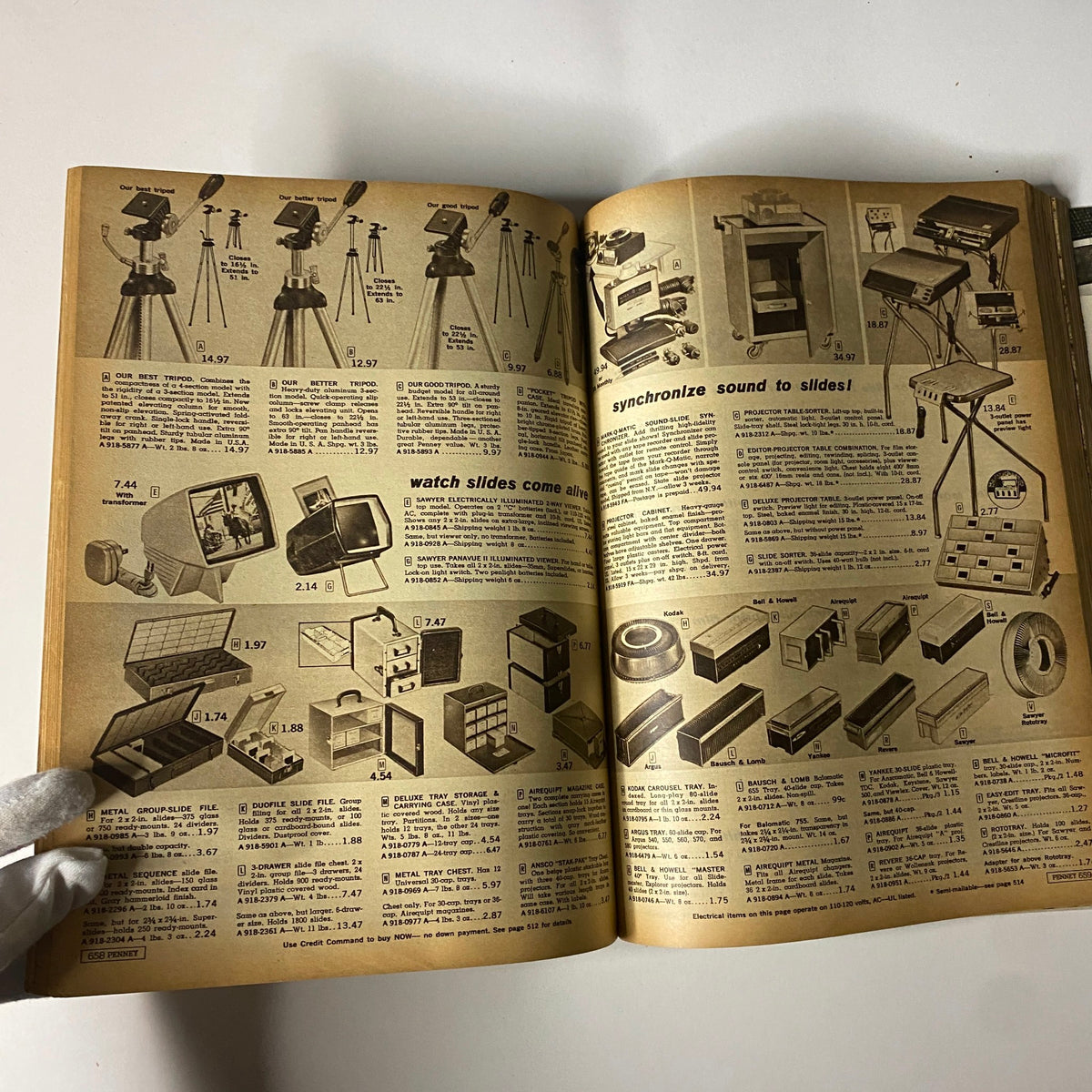 1964 JC Penneys Spring and Summer Store Catalog presenting a selection of tripods and audio equipment essential for photography and sound synchronization.