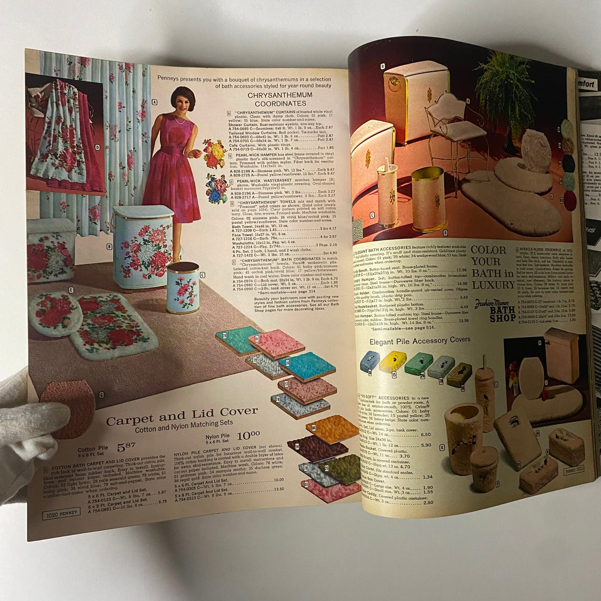 1964 JC Penneys Spring and Summer Store Catalog with an array of bathroom accessories coordinated with chrysanthemums, highlighting vintage home decor.