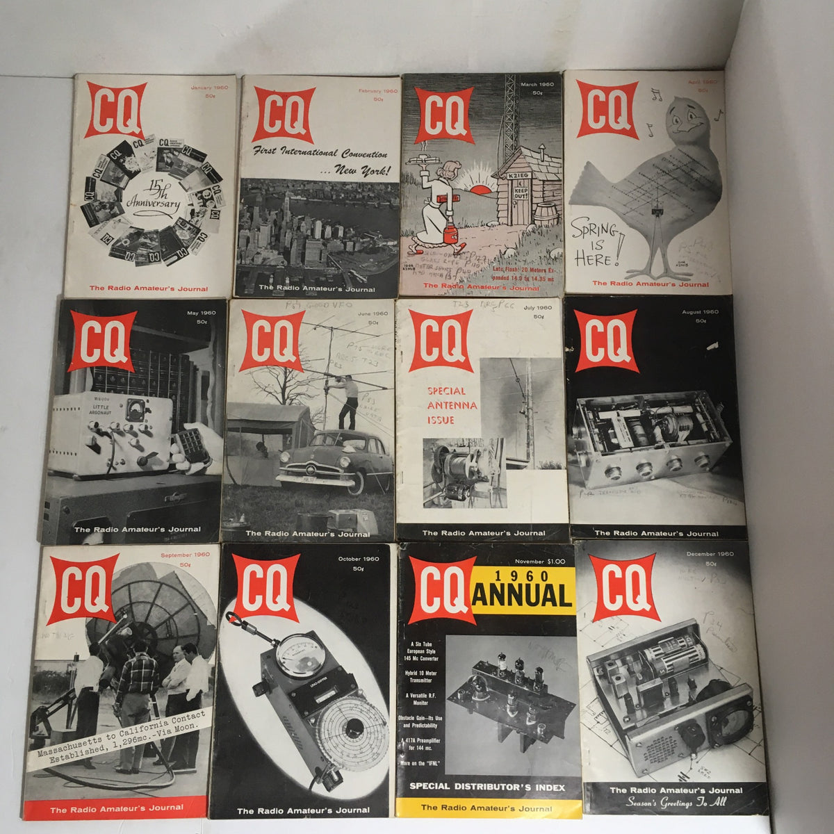Collection of 12 Complete January to December 1960 CQ The Radio Amateur's Journal magazines displayed together, showcasing vintage covers.
