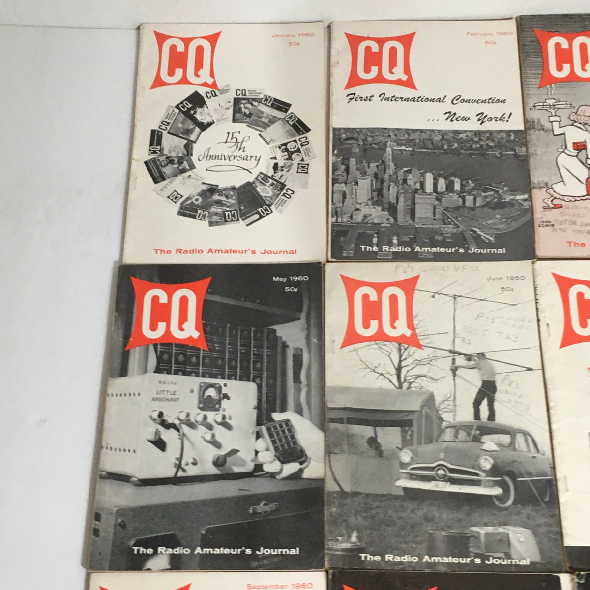 Close-up of January to June 1960 issues of CQ The Radio Amateur's Journal, featuring distinct magazine designs including the 15th Anniversary and First International Convention covers.