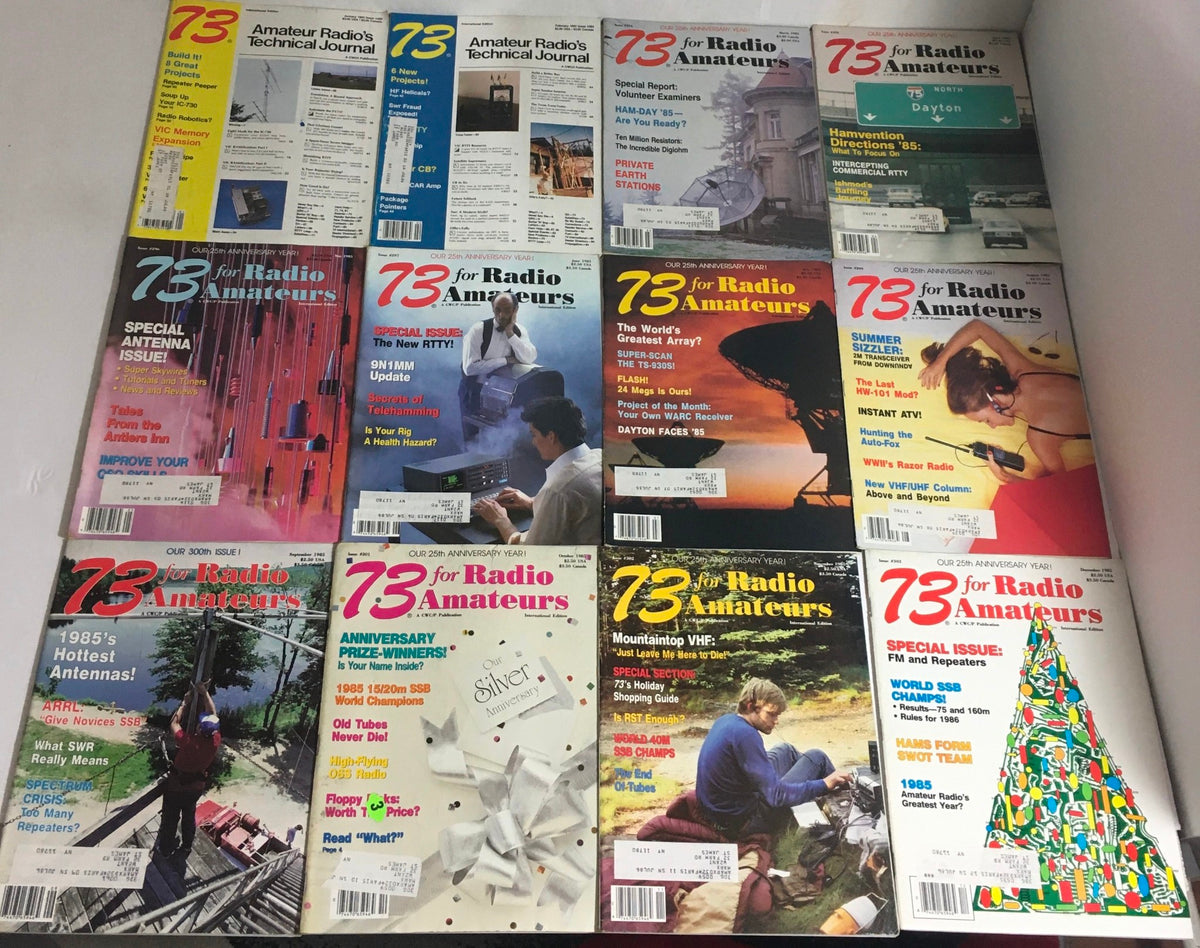 Complete collection of 12 issues of 73 Amateur Radio magazines from January to December 1985, showcasing covers with various articles on amateur radio technology and events.