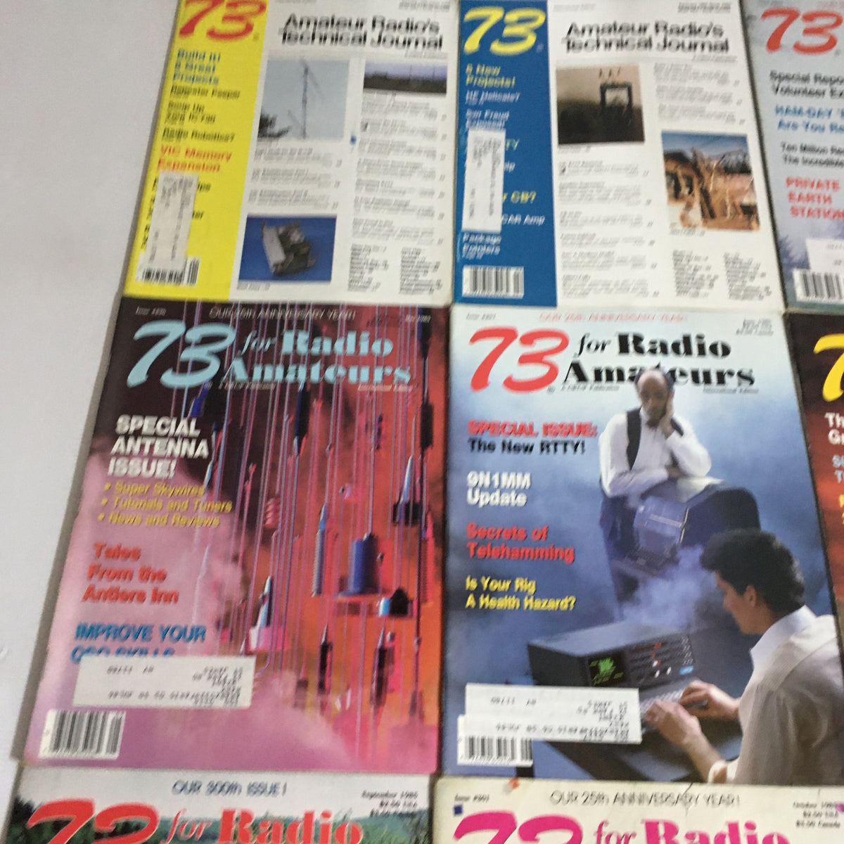 Lot of 12 Complete 73 Amateur Radio Magazines January to December 1985 featuring a special antenna issue, technical articles, and covers reflecting advancements in amateur radio technology.