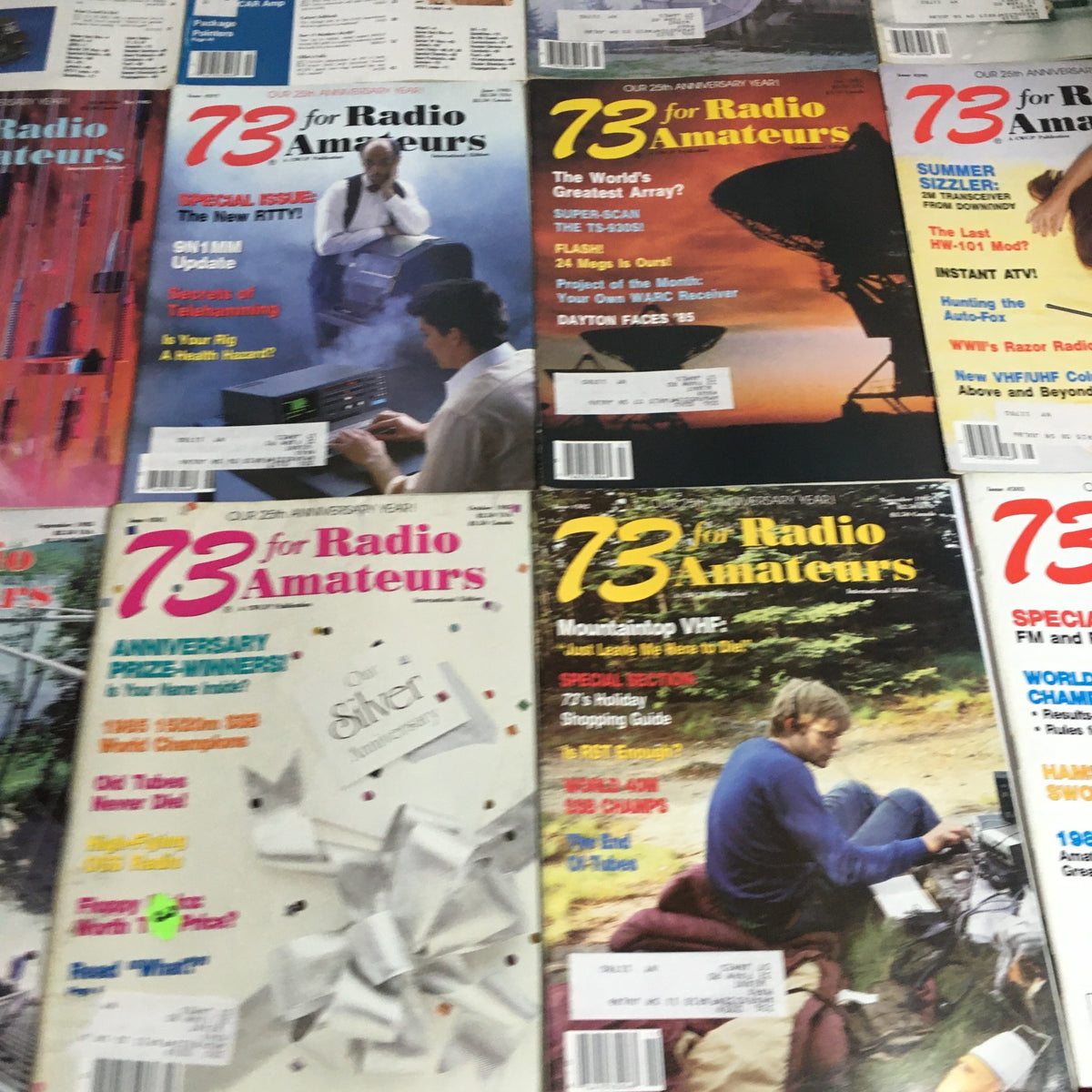 Lot of 12 Complete 73 Amateur Radio Magazines January to December 1985 encapsulating vintage radio culture with content on techniques, technology advancements, and community stories.