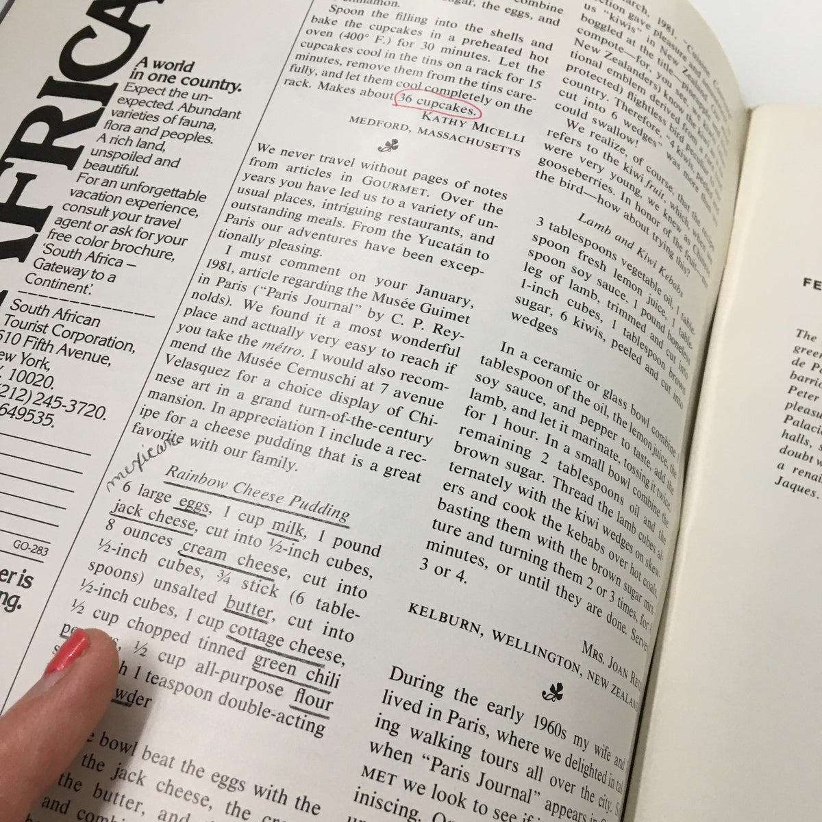 Interior page of Vintage Gourmet Magazine February 1983 displaying Rainbow Cheese Pudding recipe, reflecting culinary trends of the early 1980s.