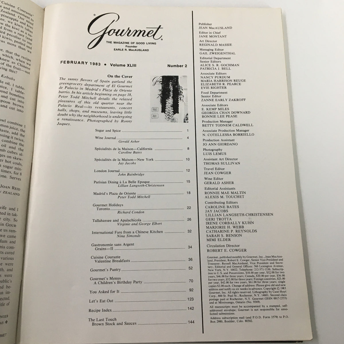 Interior page of the VTG Gourmet Magazine February 1983 edition, showcasing the table of contents with a feature on "Sunny Flavors of Spain" and a list of articles and contributors.