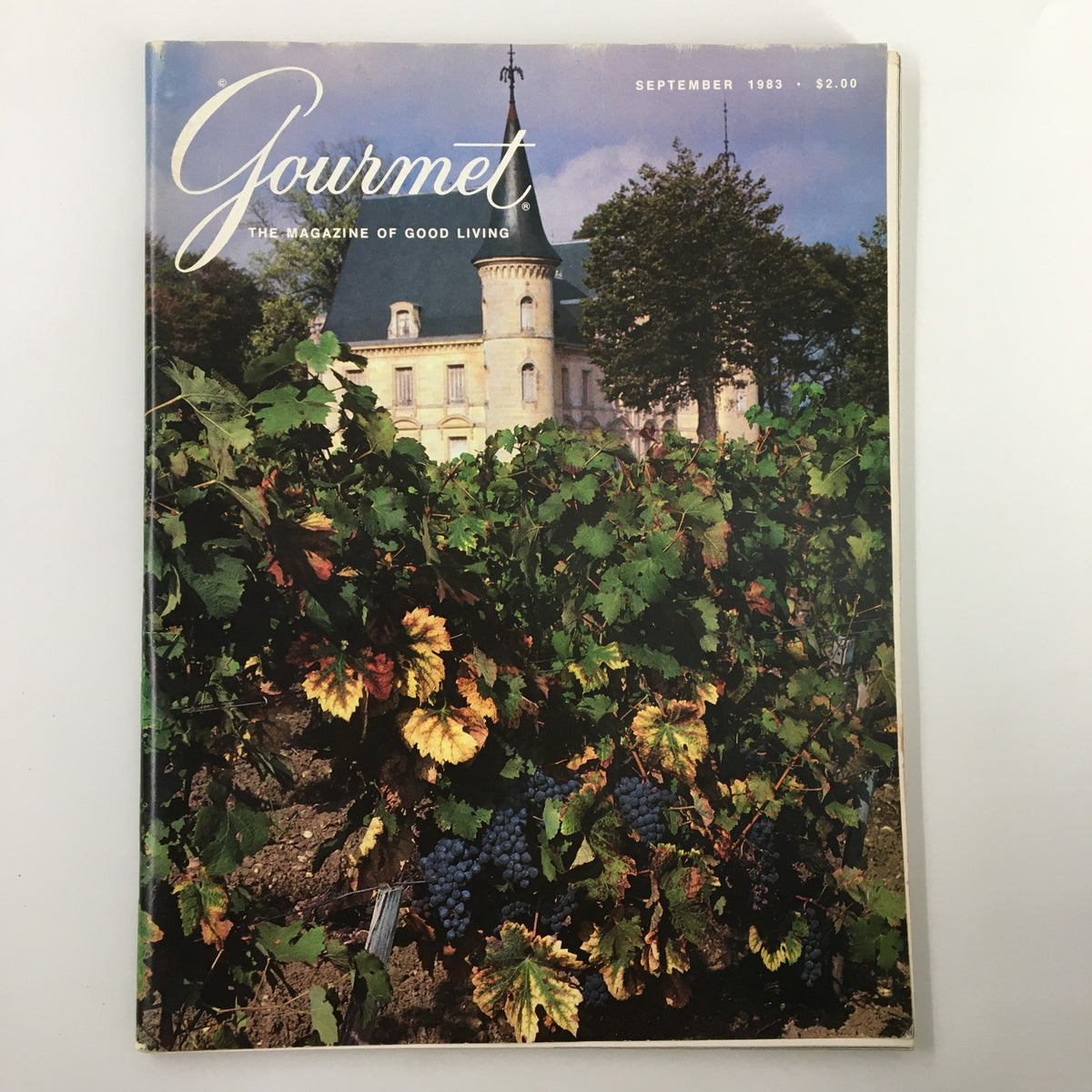 Cover of VTG Gourmet Magazine September 1983 featuring a picturesque vineyard landscape with grapevines and a charming estate, showcasing the theme 'The Grape Vineyard'.