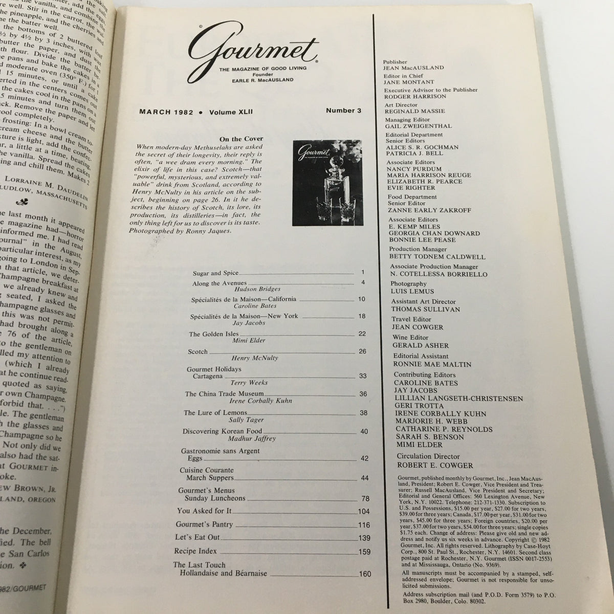 Table of contents from VTG Gourmet Magazine March 1982, highlighting featured articles and topics including Scotch and gourmet dining.