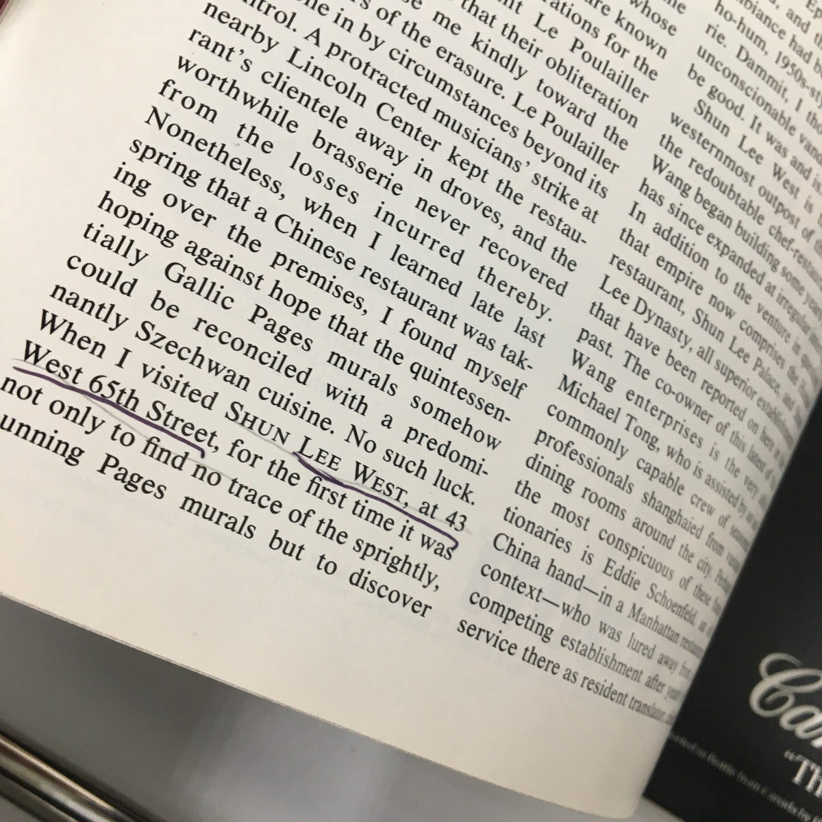 Close-up view of an article from VTG Gourmet Magazine March 1982 discussing the restaurant Shun Lee West, reflecting on Chinese cuisine and its culinary heritage.