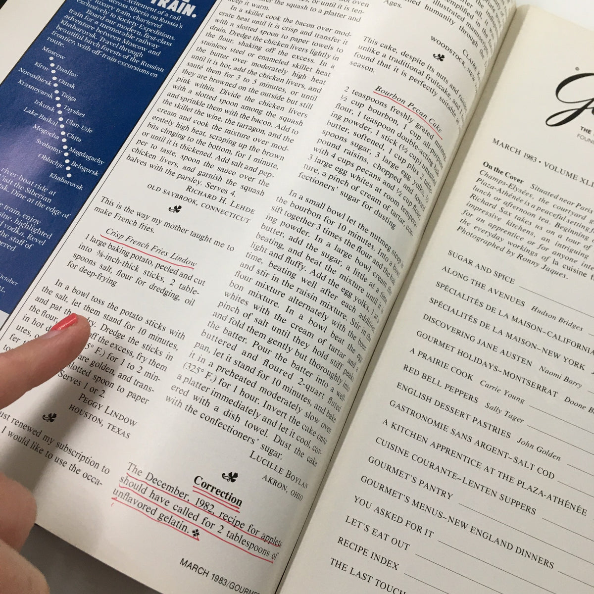 Inside page of VTG Gourmet Magazine March 1983 displaying recipes and culinary articles, highlighting the vintage charm of the magazine with details and corrections.
