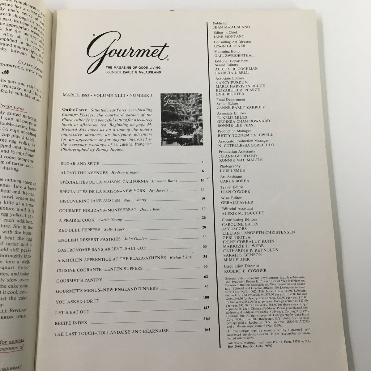 Table of contents from VTG Gourmet Magazine March 1983 featuring articles and recipes including a feature on dining at the Plaza-Athenee.