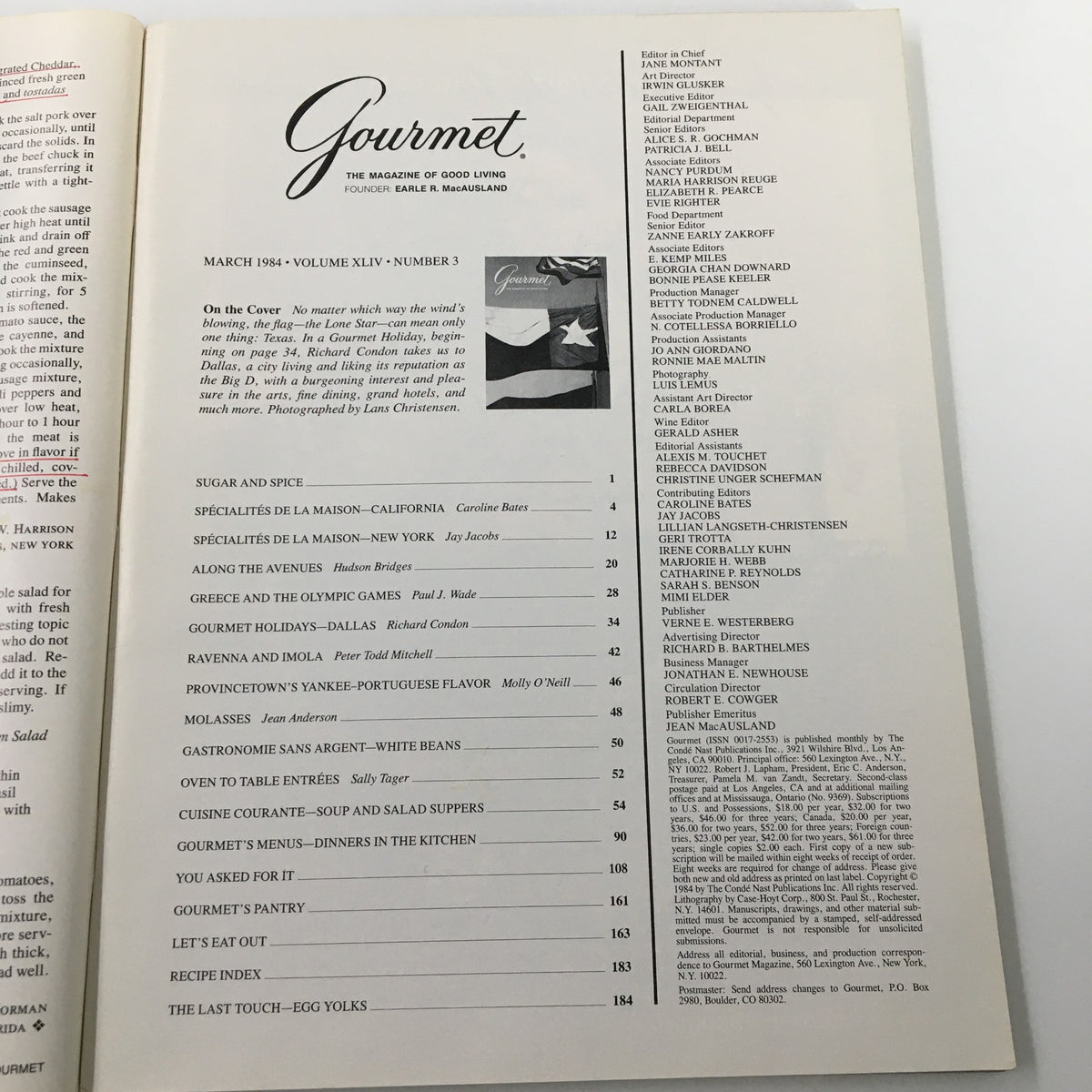 Contents page of the VTG Gourmet Magazine, March 1984, The Flag - The Lone Star. Features various articles on culinary trends and recipes from the 1980s.