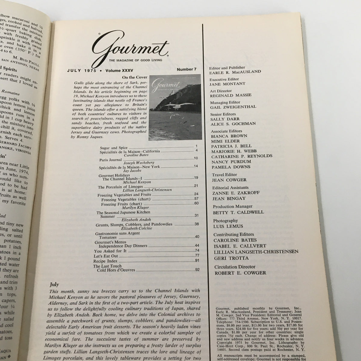 Interior page of VTG Gourmet Magazine July 1975 displaying the table of contents with article titles and contributors, emphasizing culinary topics and photography.