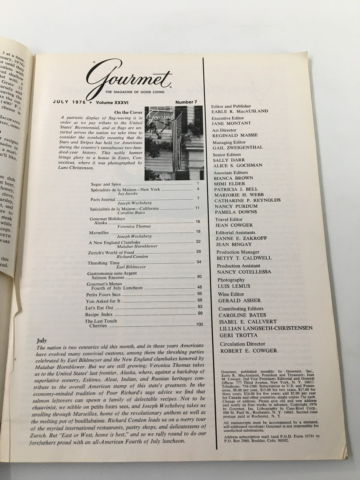 Table of contents page of VTG Gourmet Magazine July 1976, detailing featured recipes and articles.