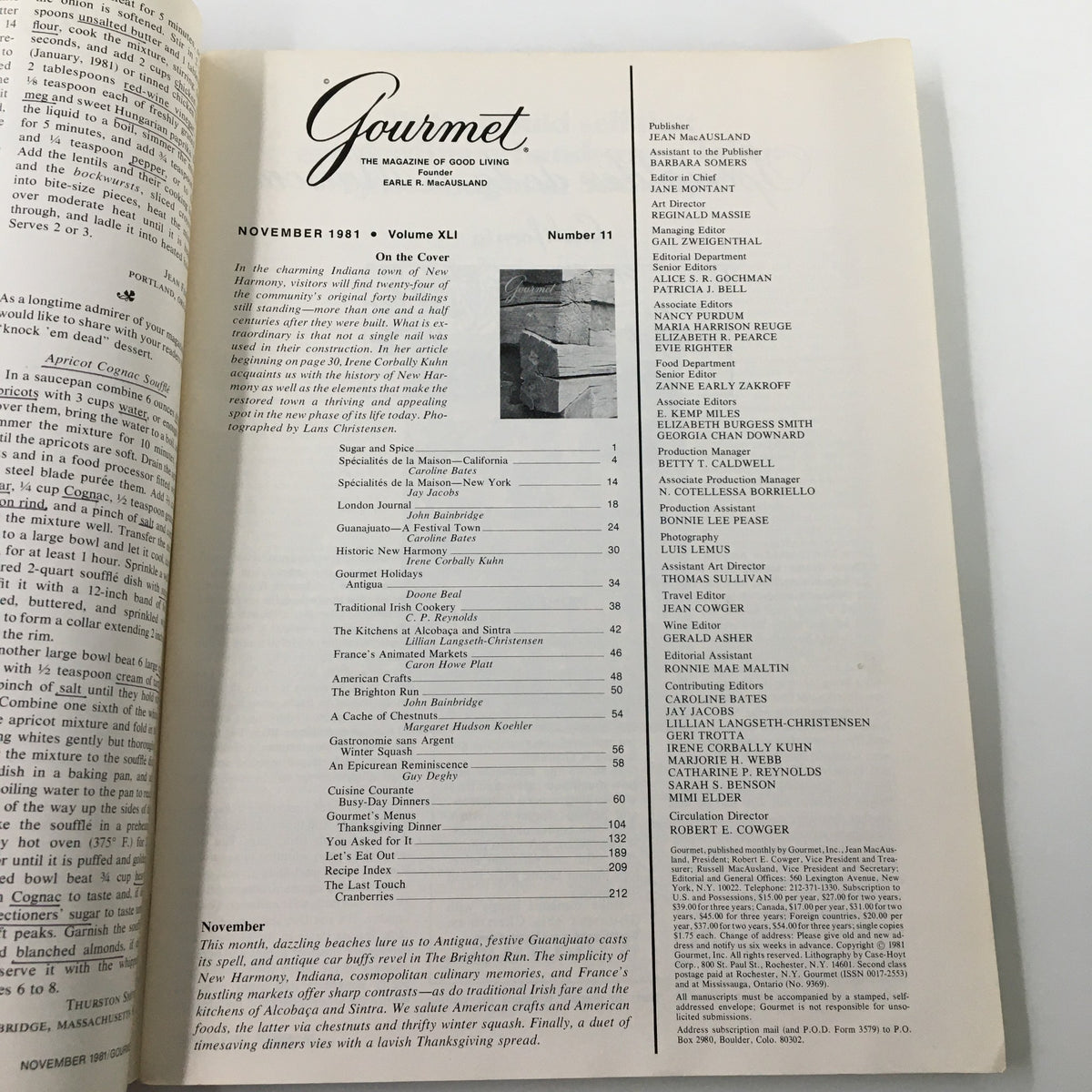 Interior page of Gourmet Magazine November 1981, featuring the table of contents that outlines the culinary themes and articles for this issue.