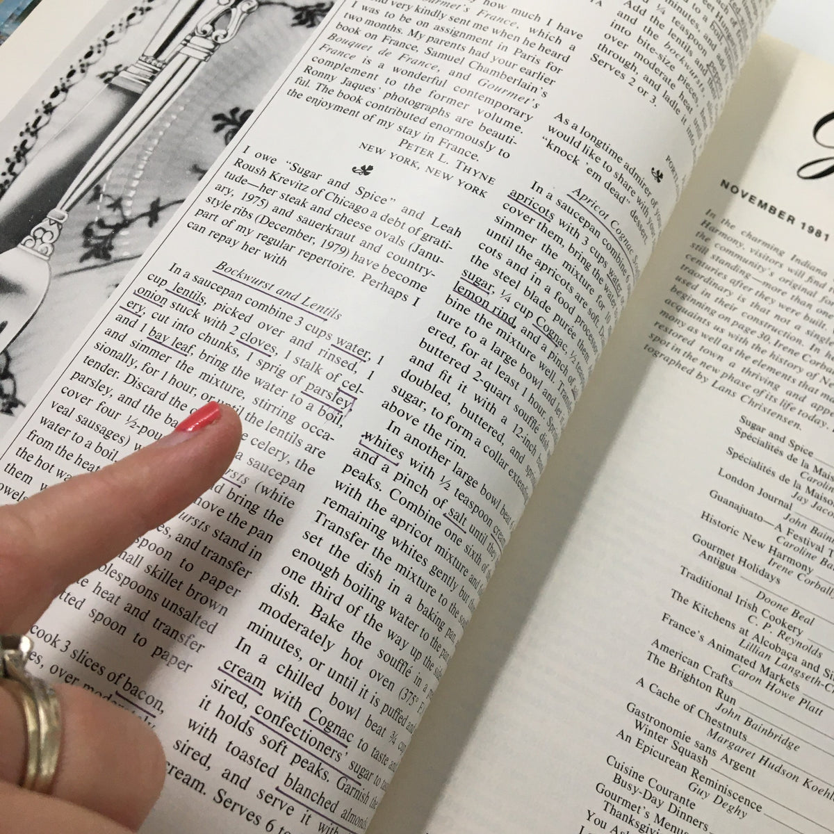 Page from Gourmet Magazine November 1981, displaying a recipe section with detailed instructions, showcasing the magazine's focus on diverse dining experiences.