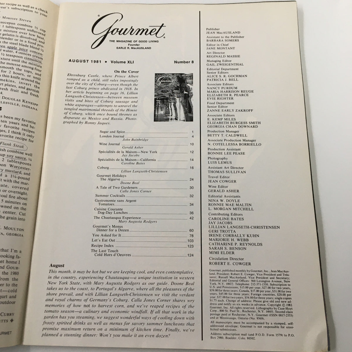 Inside page of the VTG Gourmet Magazine August 1981 issue, displaying the table of contents with articles and contributors related to gourmet dining.