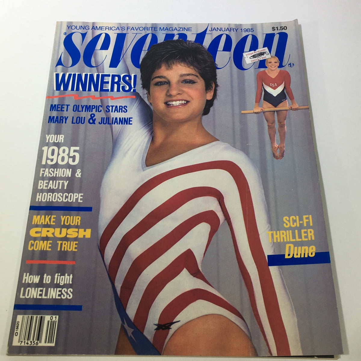 Cover of VTG Seventeen Magazine: January 1985 featuring Olympic stars Mary Lou Retton and Julianne McNamara, showcasing their achievements with vibrant fashion and beauty themes from the 1980s.