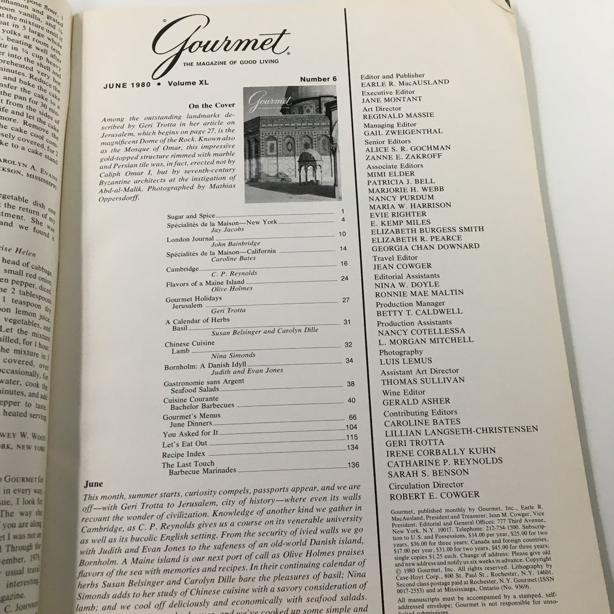 Table of contents from the June 1980 edition of Gourmet Magazine, showcasing a feature on the outstanding landmarks in Jerusalem, including articles about culinary experiences and notable chefs.