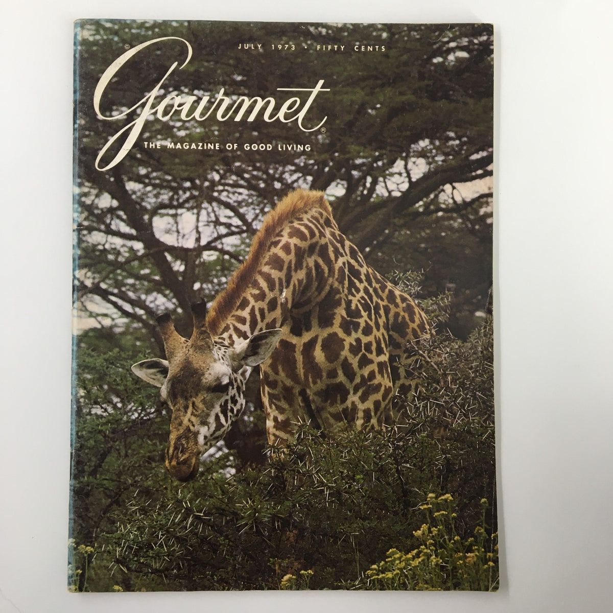 Gourmet Magazine July 1973 cover featuring a giraffe in its natural habitat with the title The Graceful Curve of its Neck Emerging.