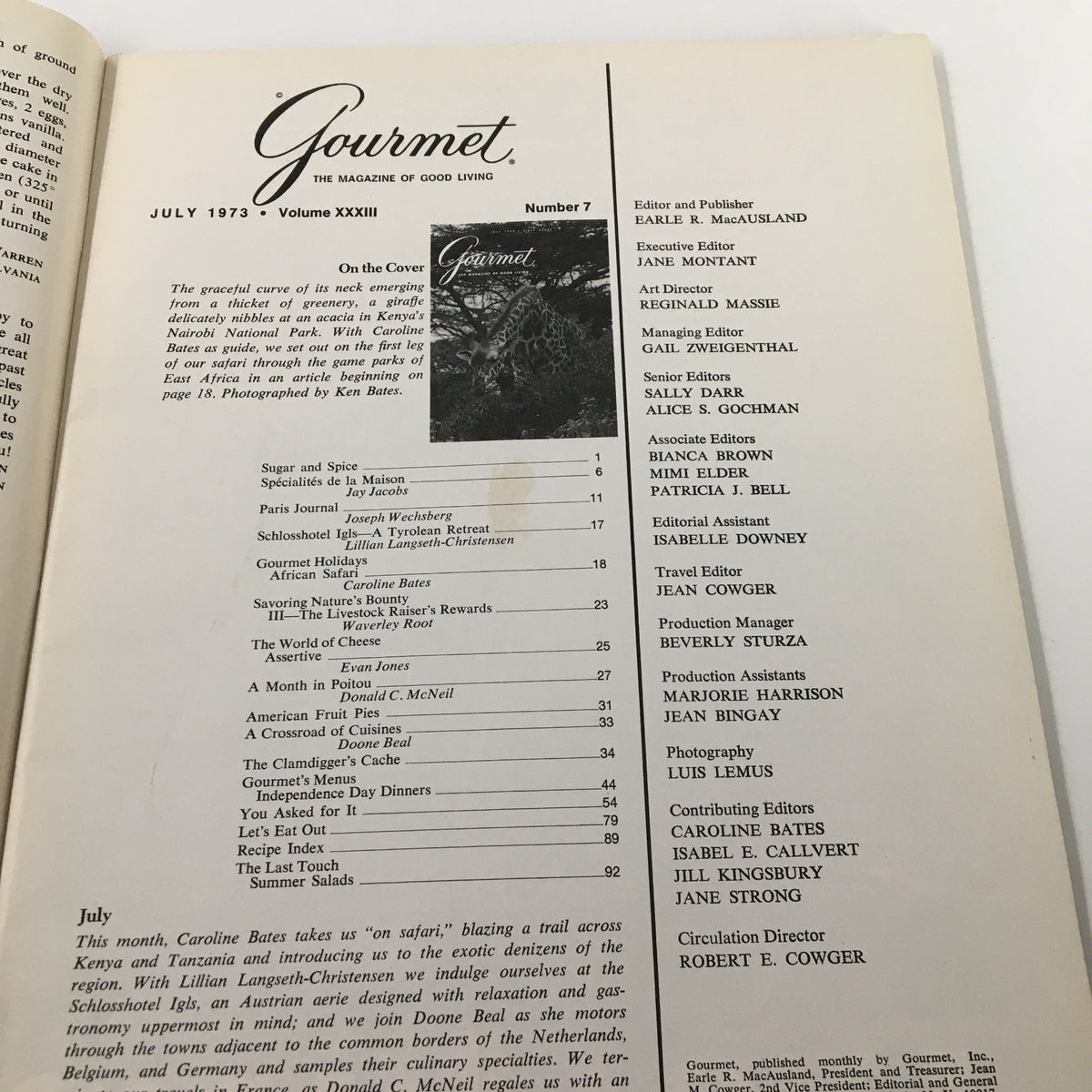 Contents page of Gourmet Magazine July 1973, highlighting articles and features in this vintage culinary magazine.