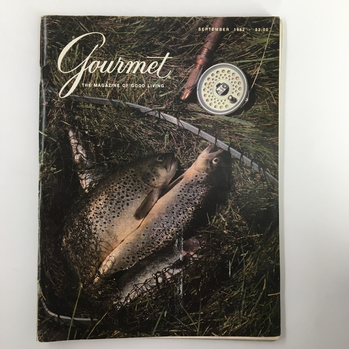 Cover of VTG Gourmet Magazine September 1982 featuring two Rainbow Trout securely netted in a natural setting, showcasing culinary themes from the early '80s.