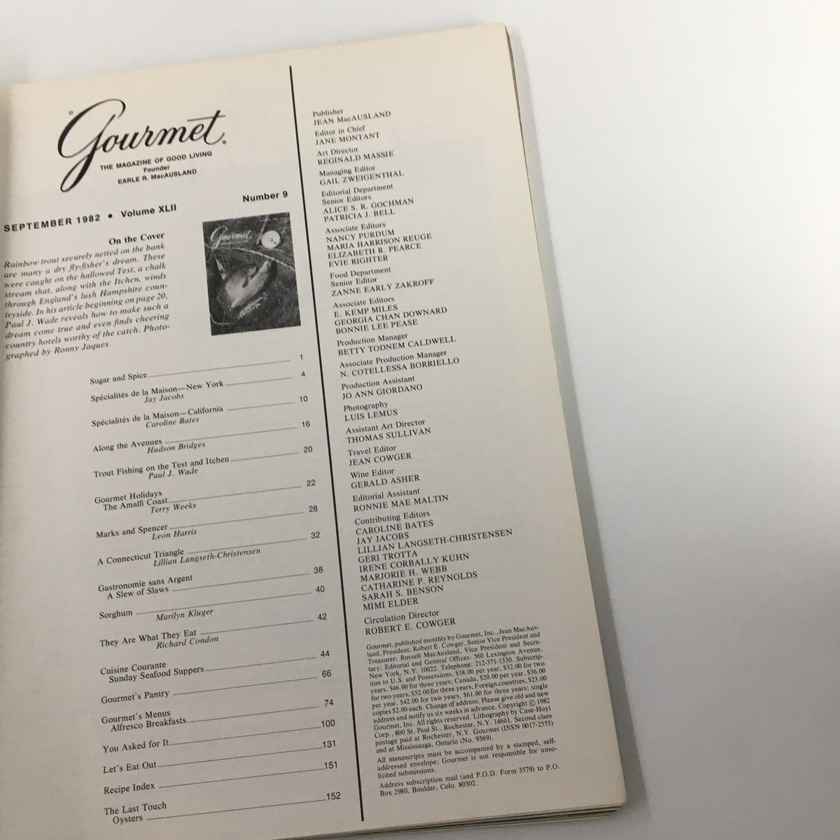 Inside page of VTG Gourmet Magazine September 1982 featuring the table of contents, showcasing culinary articles and recipes from the issue, emphasizing the publication's focus on food culture.