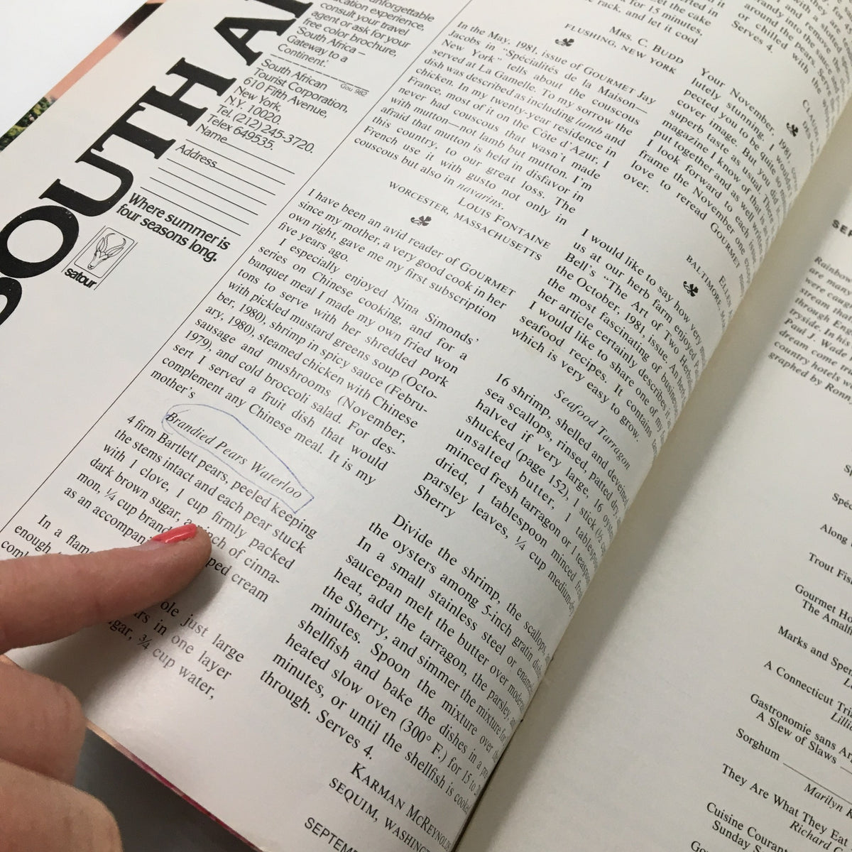 Close-up of a recipe page from VTG Gourmet Magazine September 1982, highlighting a specific dish with annotations, illustrating the magazine's vintage culinary offerings.