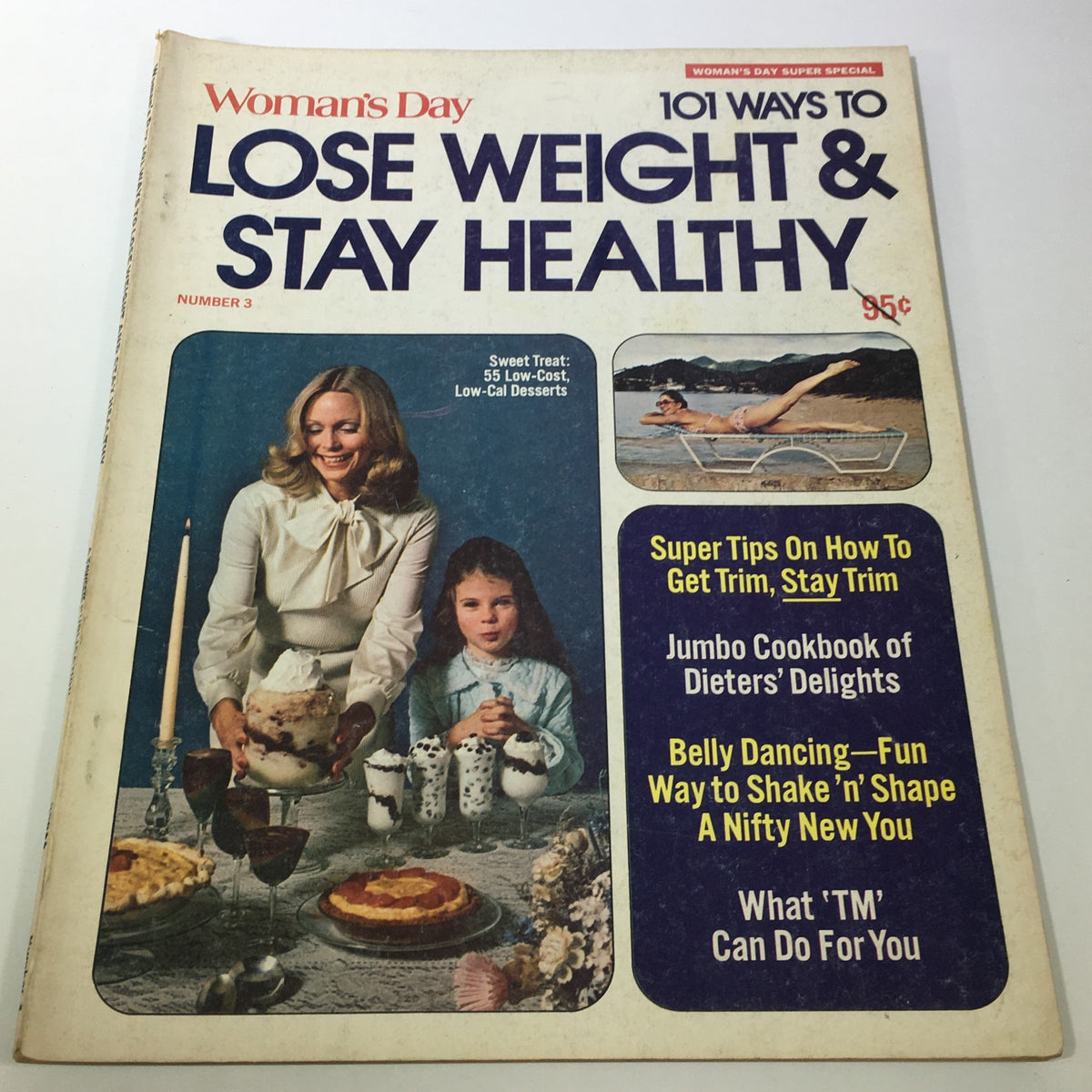 Cover of VTG Woman's Day Magazine: 1975 Number 3 - Lose Weight & Stay Healthy. The image features a woman and a girl at a table with desserts, showcasing healthy eating tips, along with highlighted articles about dieting and fitness.