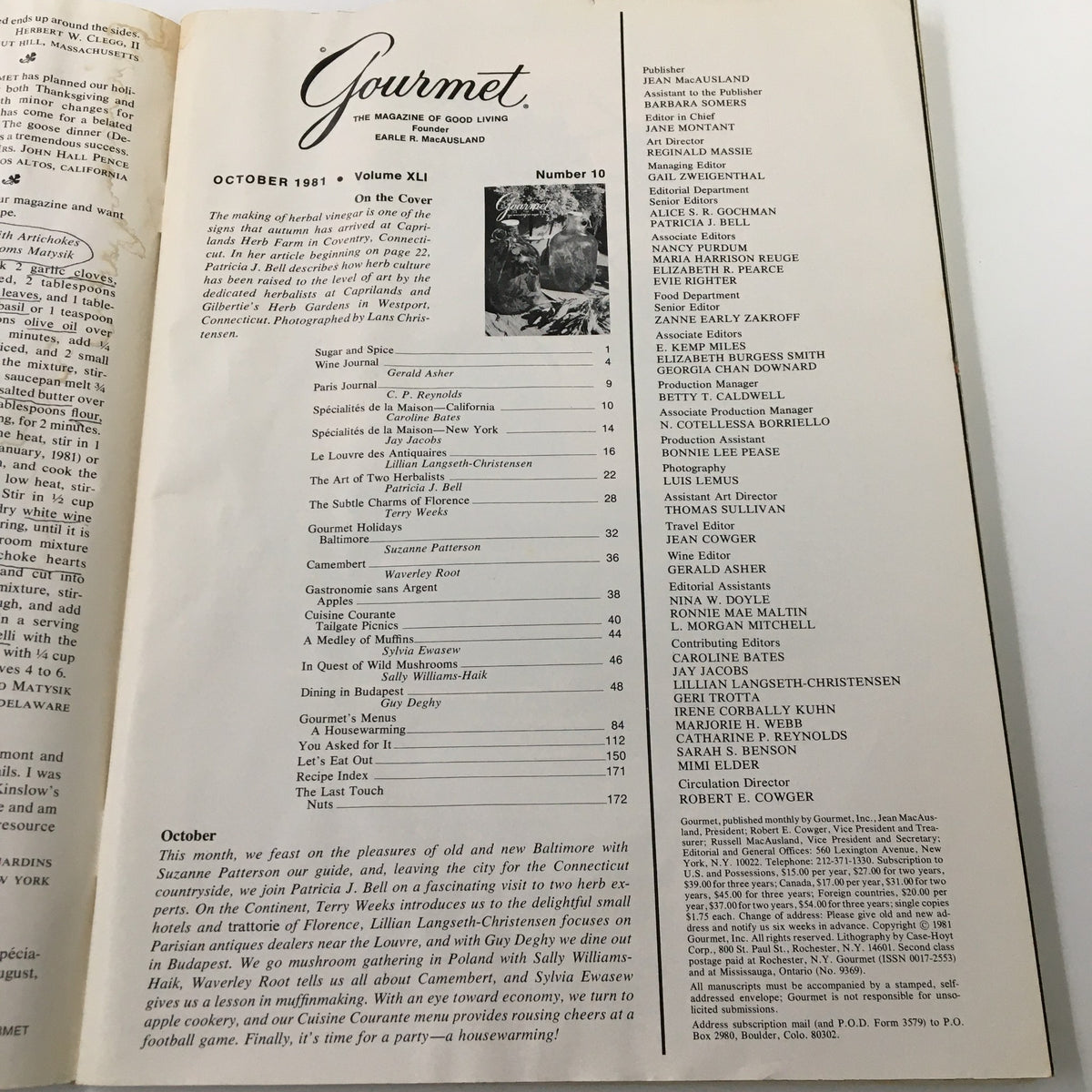Table of contents page from VTG Gourmet Magazine October 1981, outlining articles and recipes, including the cover story about herbal vinegars and culinary contributions for the month.