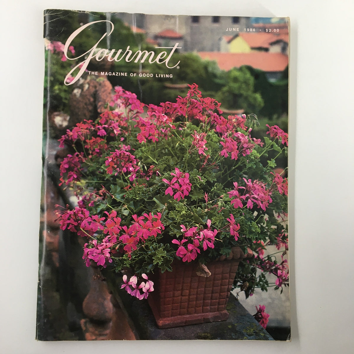 Cover image of Gourmet Magazine June 1984 issue titled 'The Lone Marketeer' showcasing vibrant pink flowers in a planter, representing culinary exploration from Hong Kong.