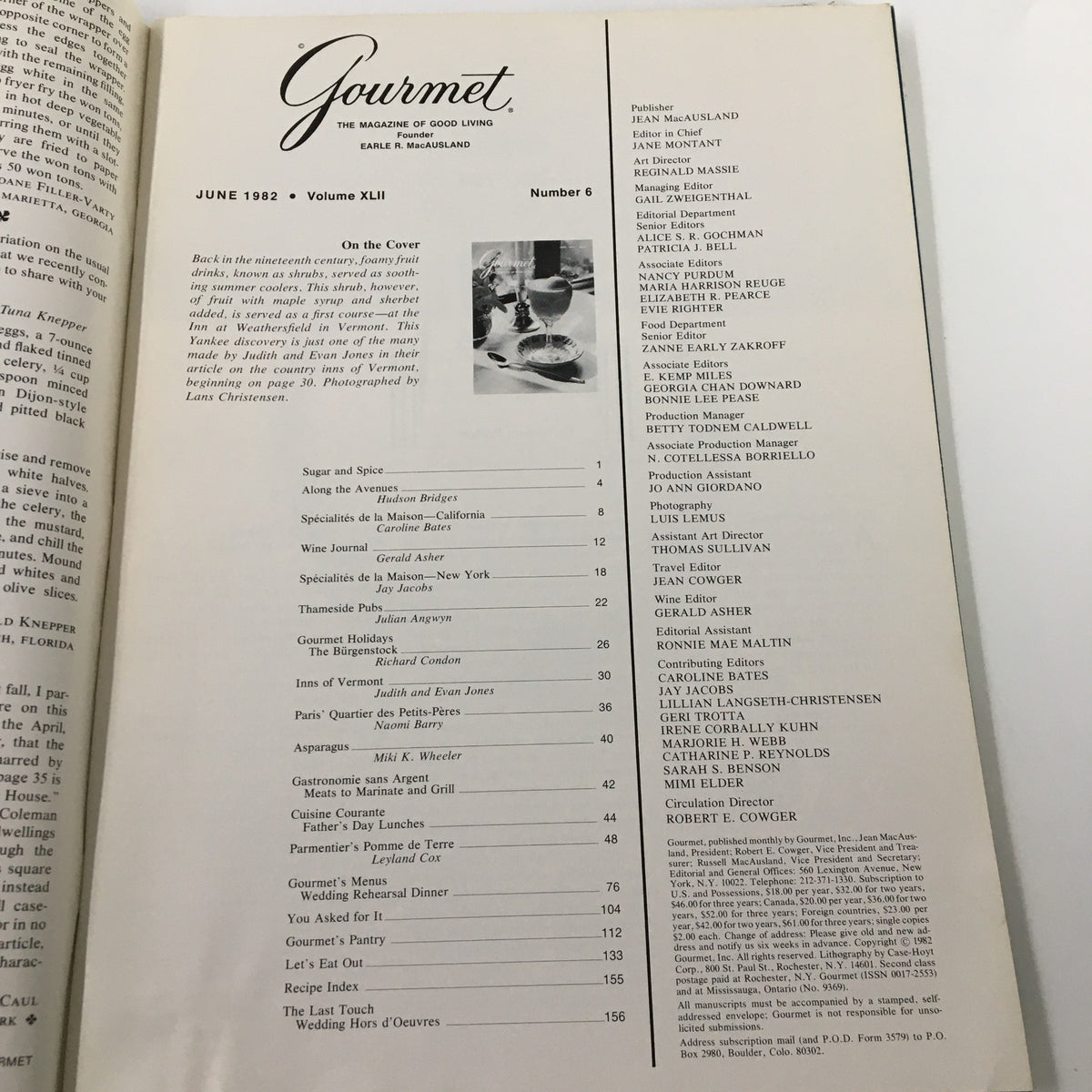 Table of contents from Gourmet Magazine June 1982, providing a glimpse into its diverse culinary articles and features about food and beverages during the 1980s.