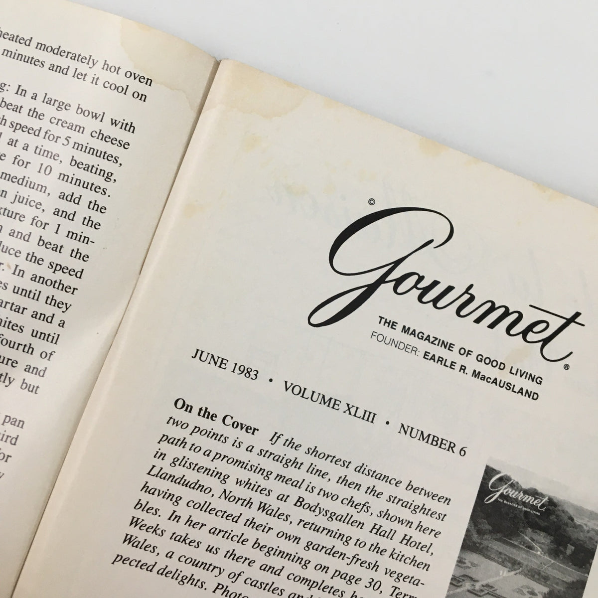 Interior page of the VTG Gourmet Magazine June 1983 featuring the magazine's logo and introductory content for the issue themed 'Glistening Whites at Bodysgallen Hall'.