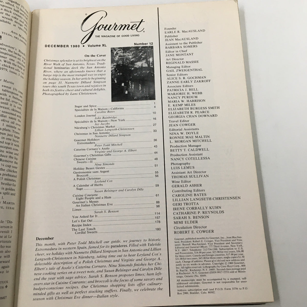 Interior page of VTG Gourmet Magazine December 1980, displaying the table of contents featuring articles and recipes inspired by the culinary culture of San Antonio.
