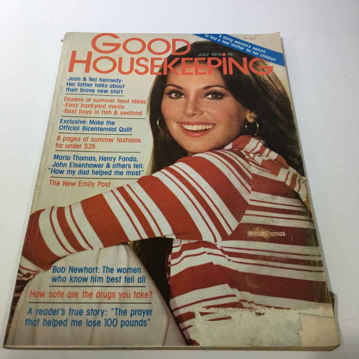 Cover of the July 1975 Good Housekeeping magazine featuring Marlo Thomas and Henry Fonda. The magazine showcases articles on summer food ideas, fashion, and features notable personalities. An excellent collectible for vintage enthusiasts and cultural history lovers.