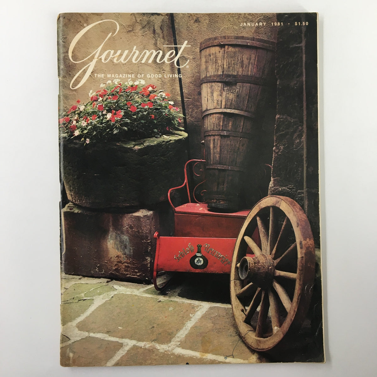 Cover of VTG Gourmet Magazine January 1981 showcasing the theme 'Courtyard of the Schloss Neuweier' featuring flowers, a barrel, and a cart.